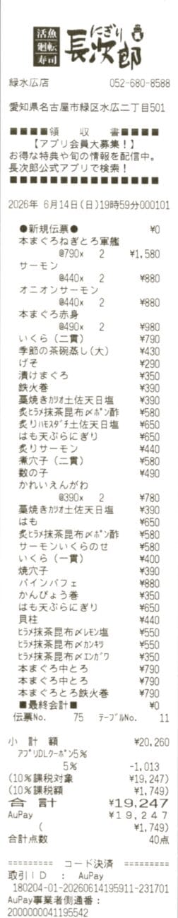 にぎりの長次郎レシート