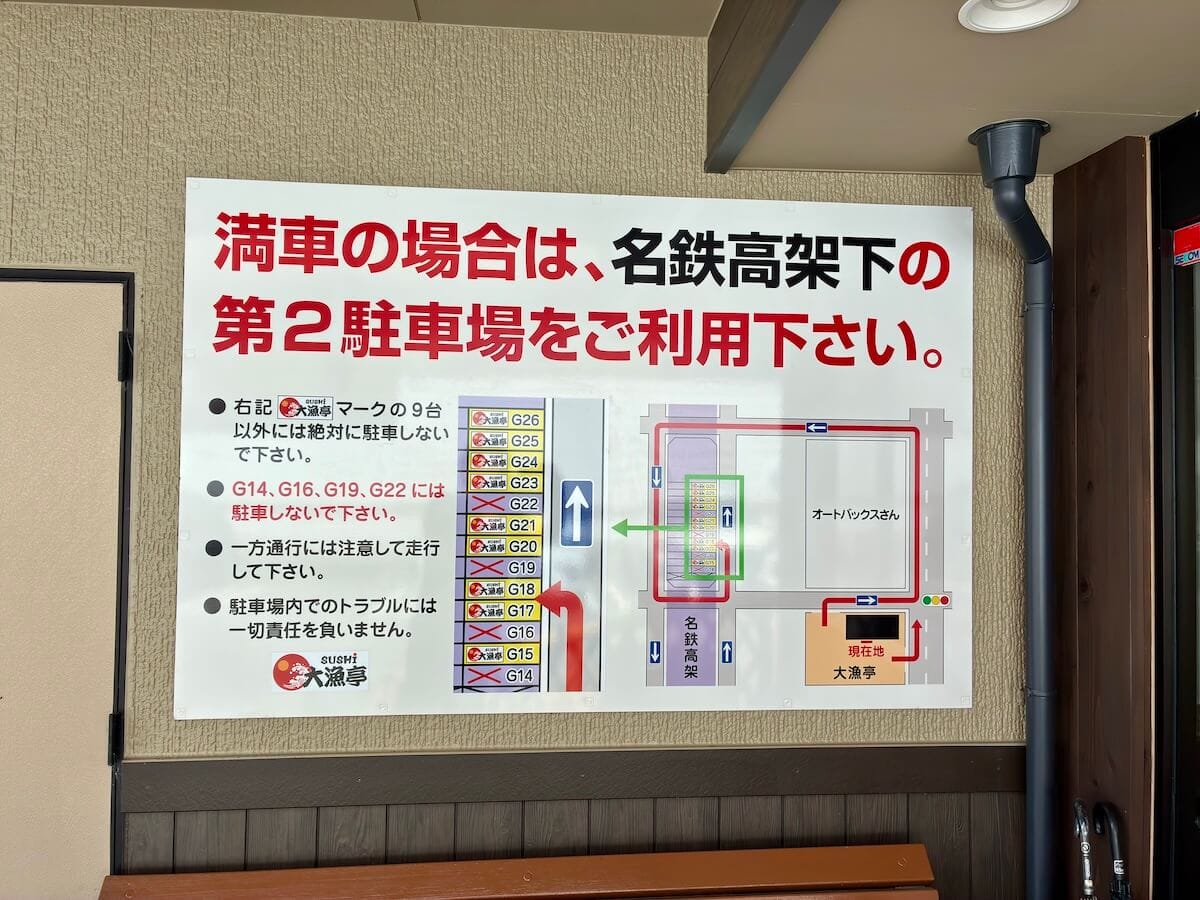 大漁亭西尾店の第2駐車場の案内看板
